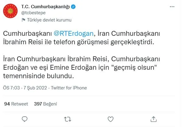 Son dakika: İran Cumhurbaşkanı İbrahim Reisi’den Başkan Erdoğan’a ’geçmiş olsun’ telefonu