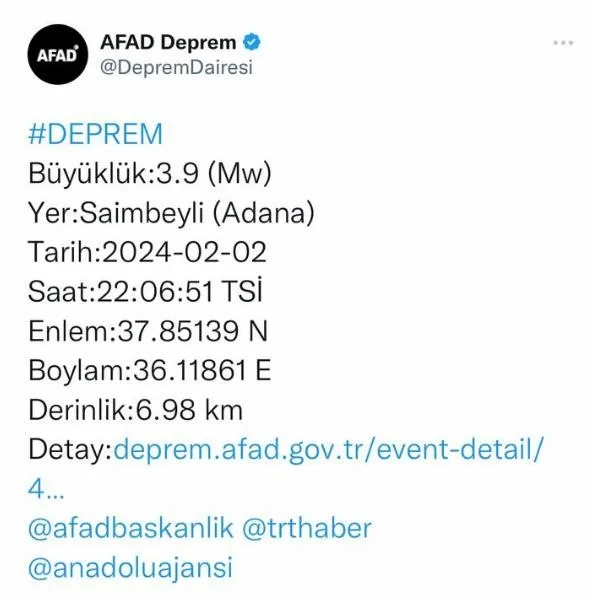 SON DAKİKA I AFAD açıkladı: Adana'da 3.9 büyüklüğünde deprem!-1