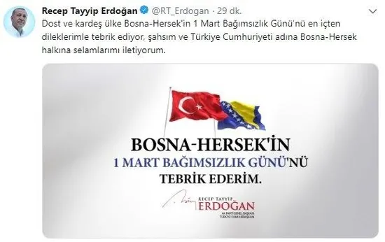 Başkan Erdoğan, Bosna Hersek'in Bağımsızlık Günü'nü kutladı-1
