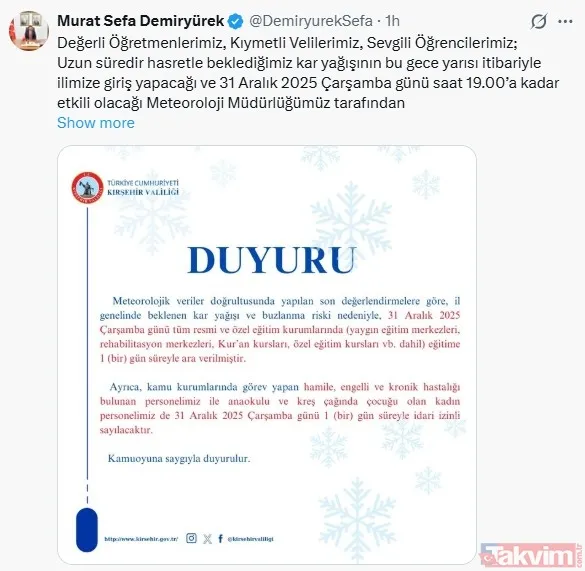 Kırşehir: İl Genelindeki Tüm Resmi Ve Özel Eğitim Kurumlarında (Rehabilitasyon Merkezleri, Kur'an Kursları Dahil) Eğitime 1 Gün Ara Verildi. Hamile, Engelli,...