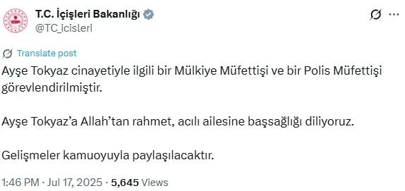 İçişleri Bakanlığı sosyal medya paylaşımı (X)