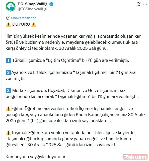 Sinop: Türkeli İlçesinin Tamamında; Ayancık, Erfelek, Gerze, Boyabat, Dikmen Ve Merkez İlçede İse Taşımalı Eğitime Ara Verildi