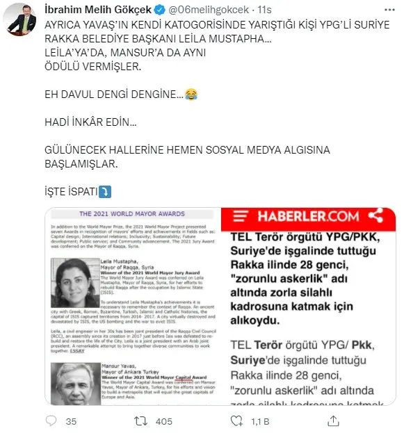 Ankara Büyükşehir Belediyesi Başkanı Mansur Yavaş, YPG’li terörist Leila Mustapha ile aynı yerden ödül aldı