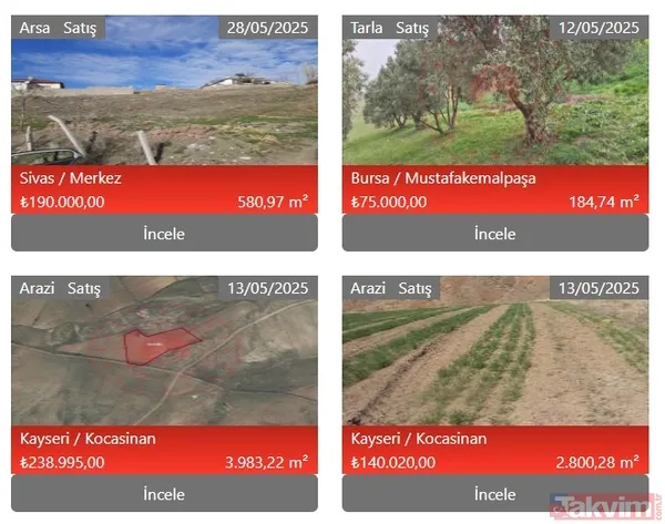 📍 Kayseri / Melikgazi Arsa – 257,63 M² – ₺515.260 – 🗓️ 13/05/2025 Arsa – 845,91 M² – ₺2.538.000 – 🗓️ 13/05/2025 📍 Çanakkale / Çan Arazi – 291,97 M² –...