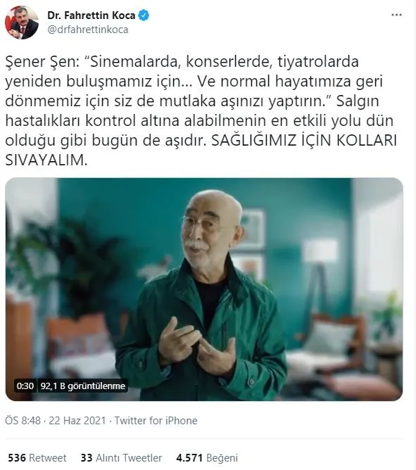 saglik-bakani-fahrettin-koca-paylasti-usta-sanatci-sener-senden-vatandaslara-asi-cagrisi-1624387122664.jpeg Sağlık Bakanı Fahrettin Koca paylaştı: Usta sanatçı Şener Şen'den vatandaşlara 'aşı' çağrısı-2