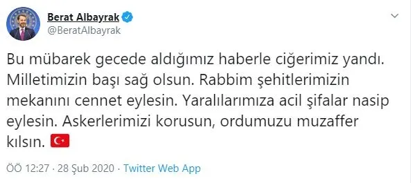 Hazine ve Maliye Bakanı Berat Albayrak'tan İdlib şehitleri için taziye mesajı-1