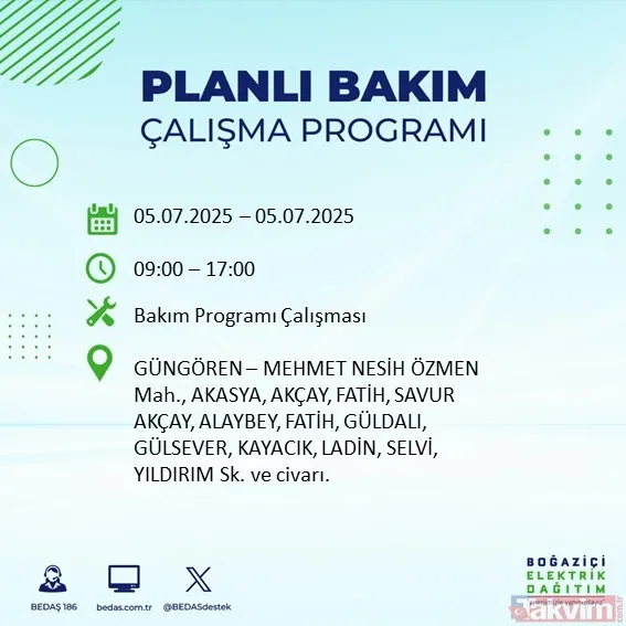 ↪5 Temmuz Cumartesi İstanbul Elektrik Kesintisi