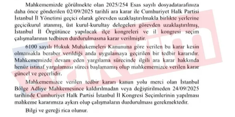 CHP İstanbul İl Kongresi için durdurma kararı verildi.