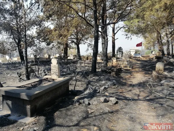 SON DAKİKA: Mersin Silifke'deki orman yangınında mezarlık zarar görürken şehidin kabri ve Türk bayrağı yanmadı - 7