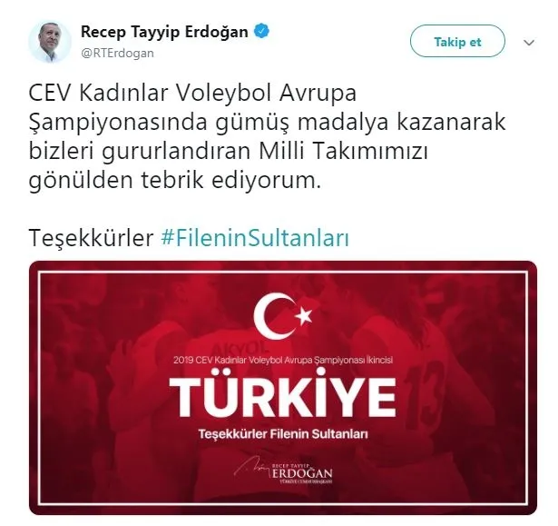 Başkan Erdoğan'dan 'Filenin Sultanları'na tebrik mesajı-1