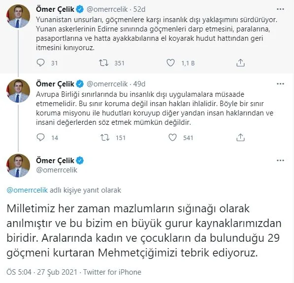 AK Parti Sözcüsü Ömer Çelik’ten Yunanistan’ın göçmenlere uyguladığı zulme tepki: AB sınırlarında bu insanlık dışı uygulamaya müsaade edilmemeli