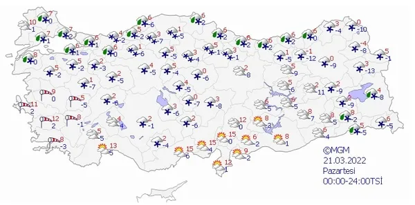 HAVA DURUMU | Meteoroloji haritayı yayınladı: Kuvvetli ve yoğun kar alarmı! İşte güncel tahminler | 20-24 Mart 2022-13