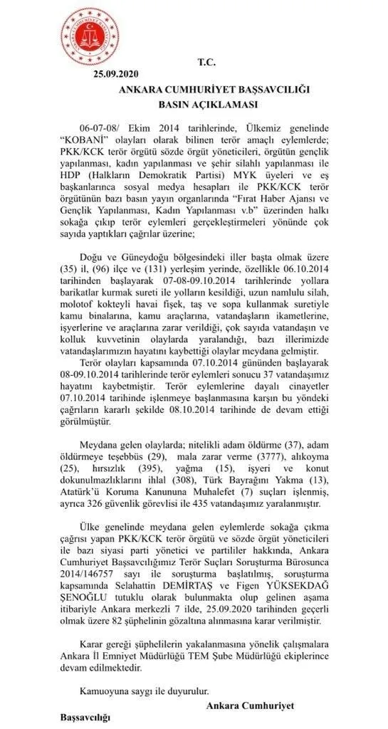 Son dakika: Ankara Cumhuriyet Başsavcılığı'ndan flaş Kobani eylemleri soruşturması! 82 kişiye gözaltı kararı!-1