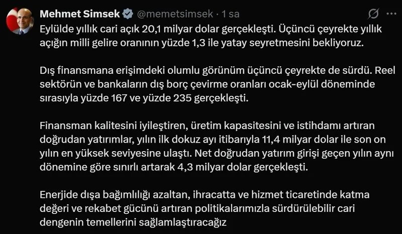 Bakan Şimşek'in açıklaması (Ekran görüntüsü)