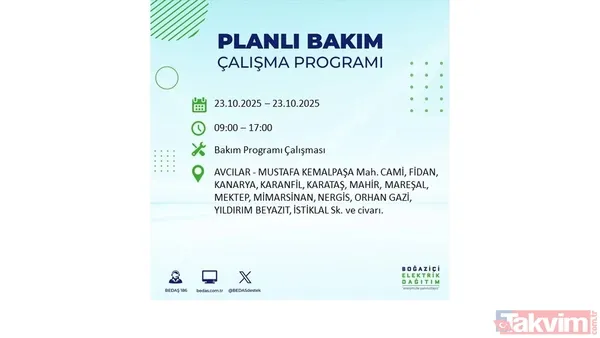 ↪23 Ekim 2025 İstanbul merkezli elektrik kesintisi yaşanacak ilçe, mahalle ve sokaklar↩