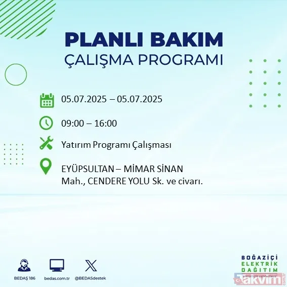 ↪5 Temmuz Cumartesi İstanbul Elektrik Kesintisi