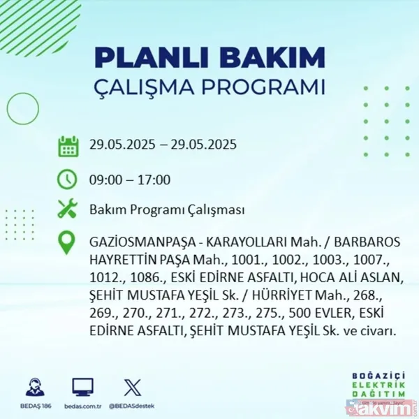 Bedaş 29 Mayıs İstanbul Elektrik Kesintisi