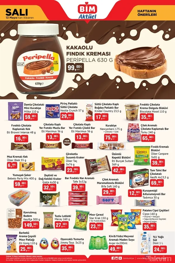 🍫 Atıştırmalıklar Ve Gıdalar 🍫 Kakaolu Fındık Kreması 630 G: 99 Tl 🍪 Damla Çikolatalı Mini Kurabiye 110 G: 59 Tl 🍘 Pirinç Patlaklı Sütlü Çikolata 57 G: 29...