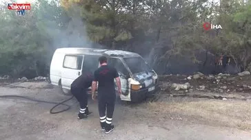 Ayvacık’ta alev alan midibüs ormana sıçradı