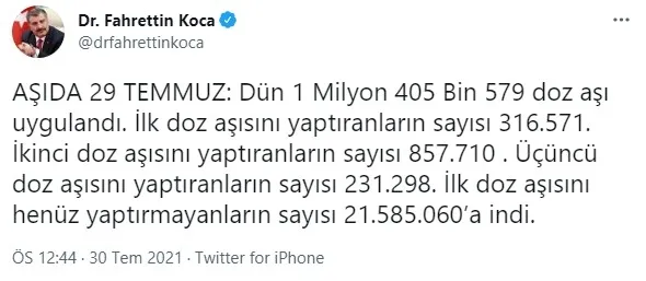İşte aşılamada son durum! Bakan Fahrettin Koca paylaştı-1