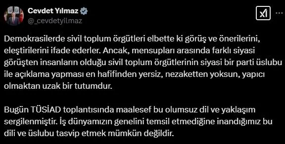 Cumhurbaşkanı Yardımcısı Cevdet Yılmaz'ın paylaşımı (Ekran görüntüsü)