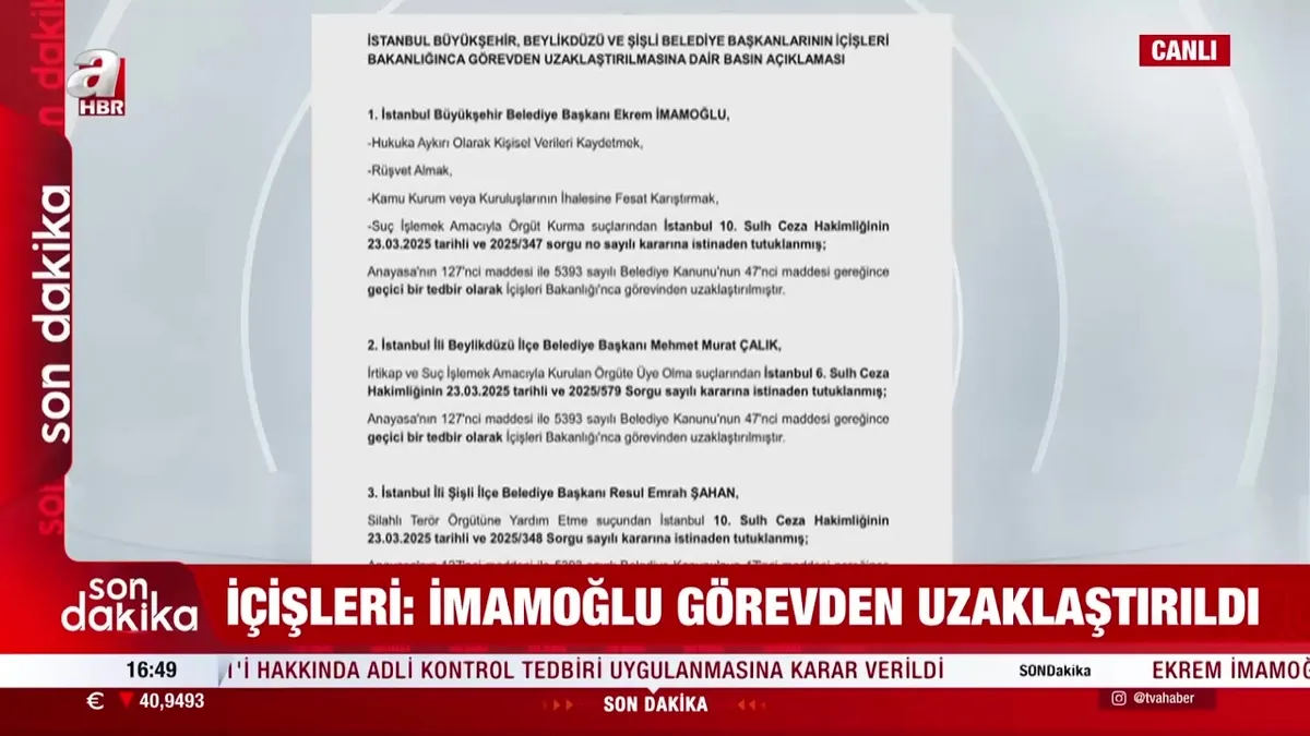 Ekrem İmamoğlu görevden uzaklaştırıldı!
