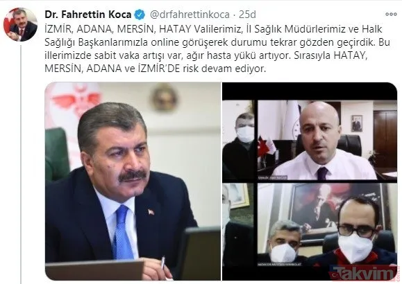 Sağlık Bakanı Fahrettin Koca duyurdu: Hatay, Mersin, Adana ve İzmir'de risk devam ediyor - 1