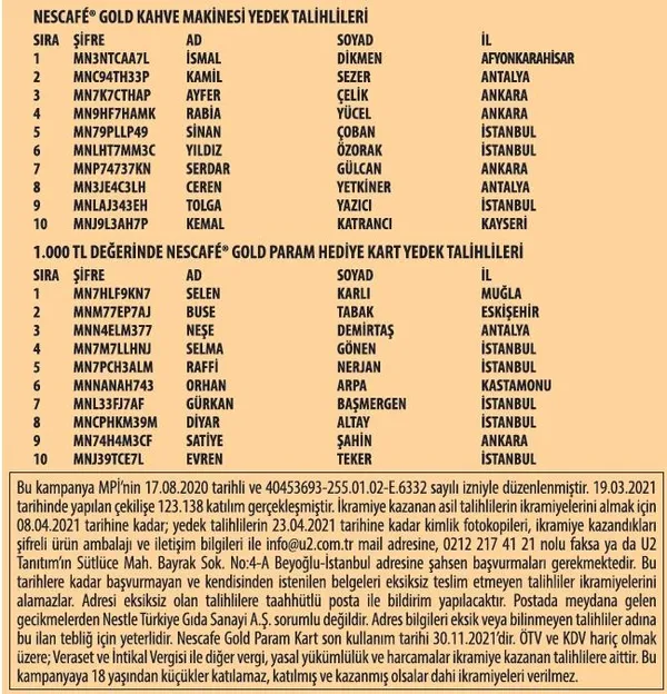Nescafe Gold kampanyası 6. dönem çekilişi sonucu | İşte Nescafe Gold çekilişinin kazananları-2