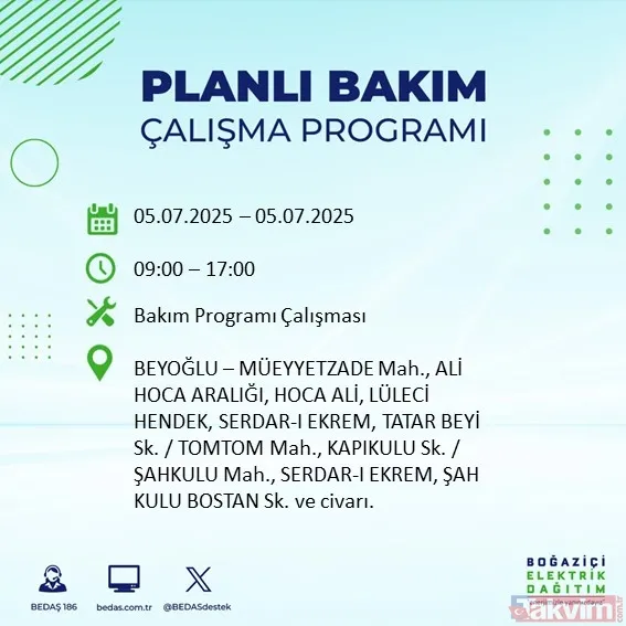↪5 Temmuz Cumartesi İstanbul Elektrik Kesintisi