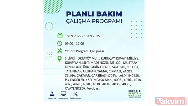 🔴18 Eylül Perşembe Günü Elektrik Kesintisi Yaşanacak İlçeler
