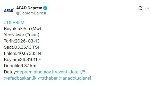 Tokat’ta 5,5 büyüklüğünde deprem: Okullar tatil edildi