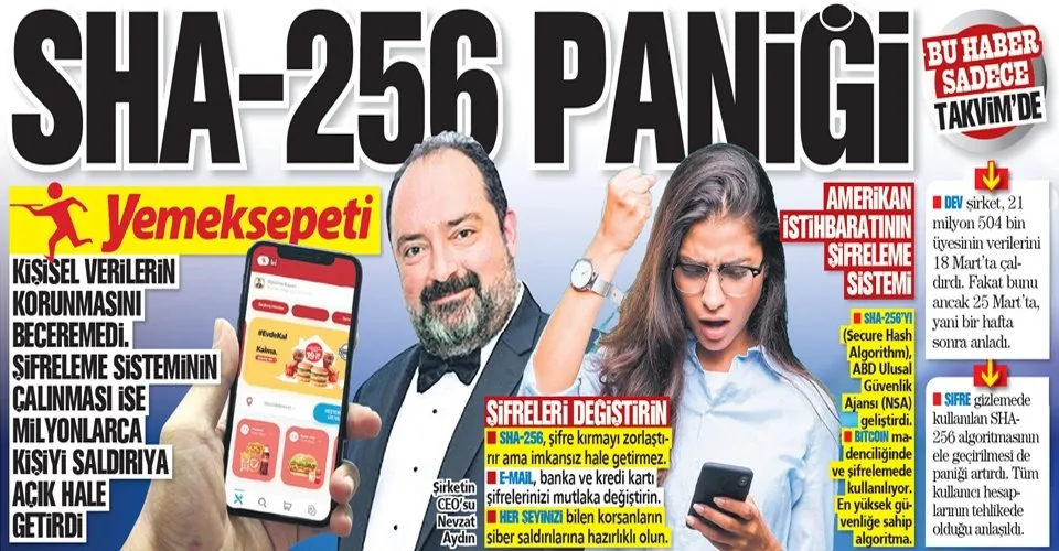 yemeksepeti kullanicilarinin kisisel verilerinin calinmasinin arsindan simdi de sha 256 panigi takvim