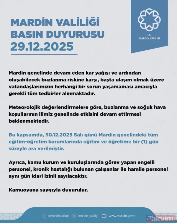 Mardin: Olumsuz Hava Koşulları Ve Buzlanma Riski Sebebiyle Tüm Eğitim Kurumları Yarın Tatil Edildi.