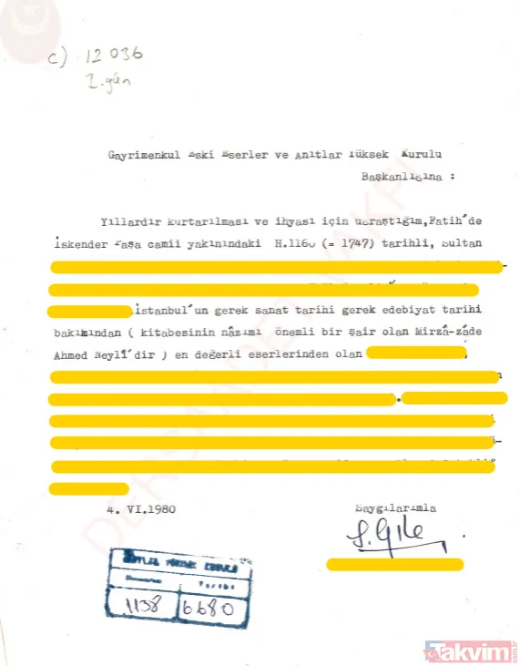 TARİH: 1980 Kurul kararınca, Vakıflar Başmüdürlüğü'nün nezareti ile detaylı resimleri çektirilip, çeşme rölevesi çıkartıldıktan sonra sökülüyor. Söz konusu...