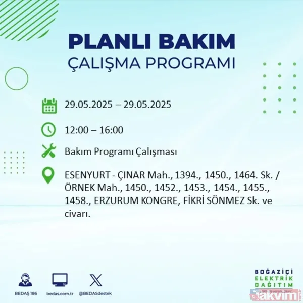 Bedaş 29 Mayıs İstanbul Elektrik Kesintisi