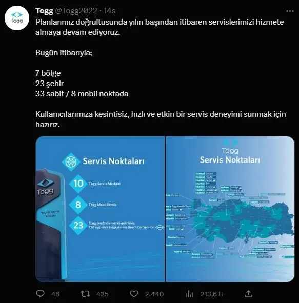 Togg'dan teslimatlar ve servislerle ilgili yeni paylaşım: "7 bölge, 23 şehir, 33 sabit, 8 mobil noktada kesintisiz servis"-2