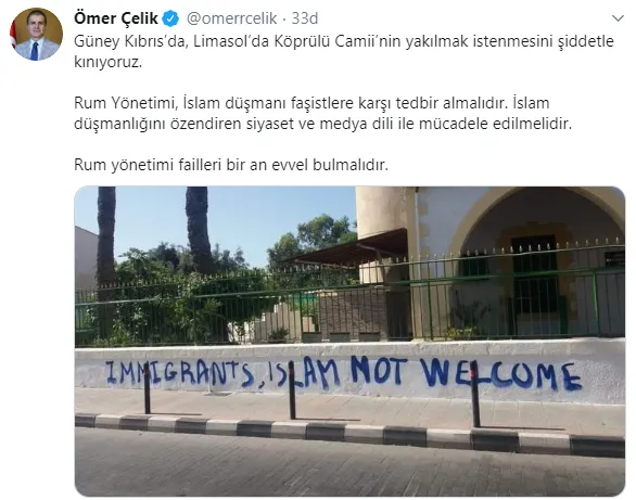 AK Parti Sözcüsü Ömer Çelik'ten Güney Kıbrıs'taki camiye yönelik faşist saldırıya sert tepki!-2