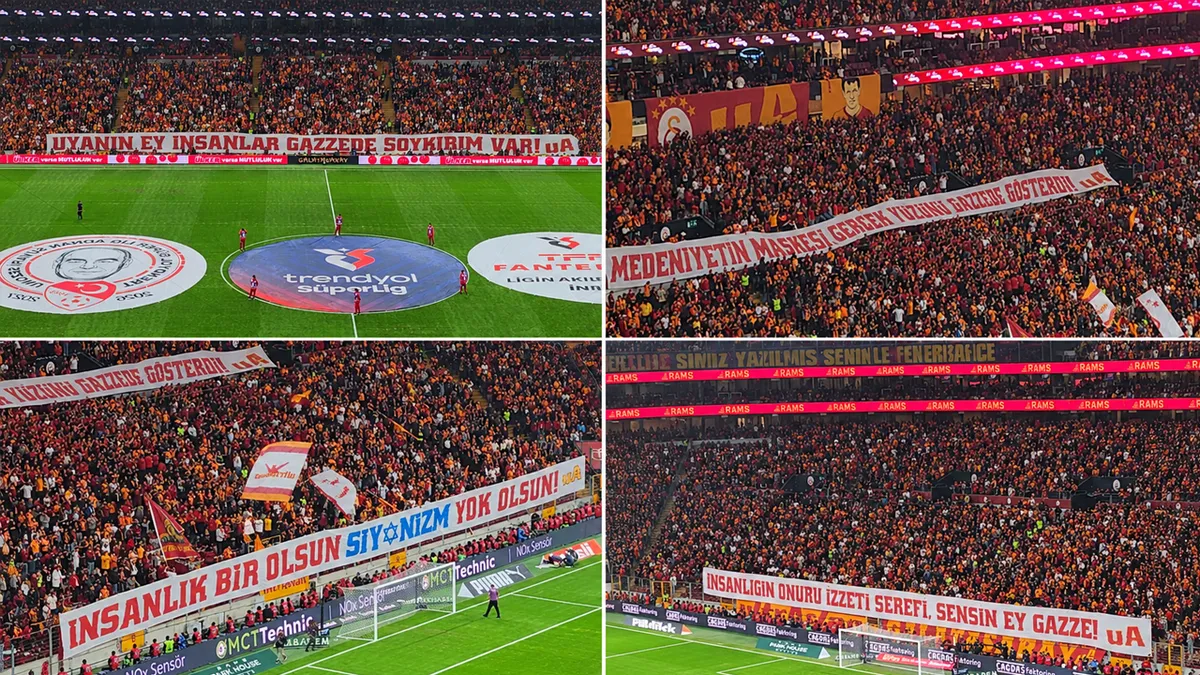 Galatasaray - Fenerbahçe derbisinde tribünlerden Filistin'e destek: Uyanın ey insanlar