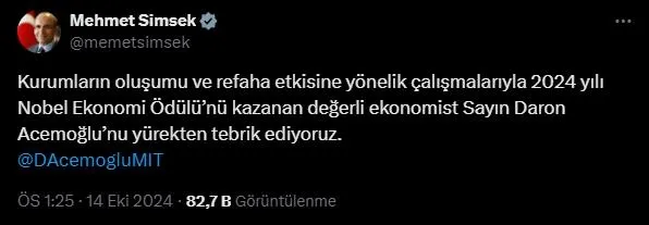 Bakan Şimşek'in paylaşımı (Sosyal medya)