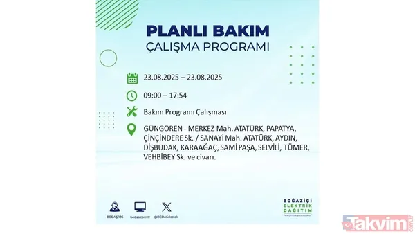 📌23 Ağustos Cumartesi İstanbul'da Elektrik Kesintisi Yaşanacak İlçeler