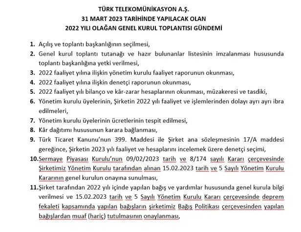 Türk Telekomünikasyon A.Ş. Yönetim Kurulu Başkanlığı’ndan 2022 Faaliyet Yılına İlişkin Olağan Genel Kurul Toplantısı’na Davet-4