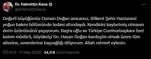 Cumhurbaşkanlığı Özel Kalem Müdürü Hasan Doğan’ın babası Osman Doğan vefat etti