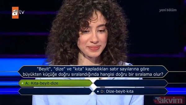 İşte Kim Milyoner Olmak İster'de yarışmacının cevapladığı diğer sorular...