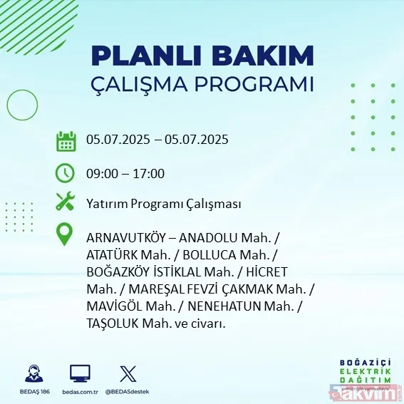 ↪5 Temmuz Cumartesi İstanbul Elektrik Kesintisi