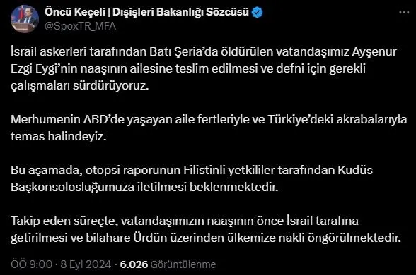Dışişleri Bakanlığından Ayşenur Ezgi Eygi açıklaması-1
