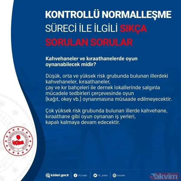 Kahvehaneler ve kıraathanelerde oyun oynanabilecek midir? Düşük, orta ve yüksek risk grubunda bulunan illerdeki kahvehaneler, kıraathaneler, çay ve kır...