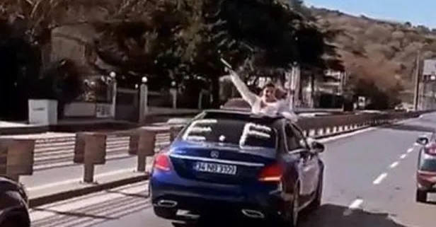 Sarıyer'de maganda gelin! Aracın açılır tavanından etrafa ateş açtı