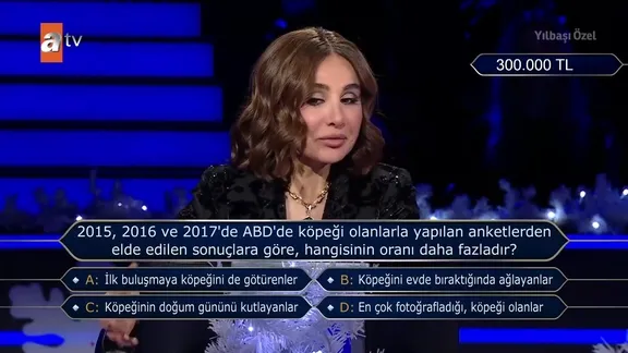 Kim Milyoner Olmak İster'de 300.000 TL'lik soru: 2015, 2016, 2017'de ABD'de köpeği olanlarla yapılan anketlerden elde edilen sonuçlara göre, hangisinin oranı daha fazladır?