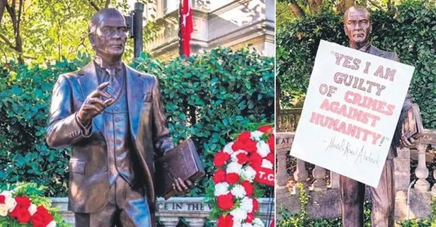ABD çirkin saldırı: Protestocular Türk Büyükelçiliği önündeki Atatürk heykelini hedef aldılar