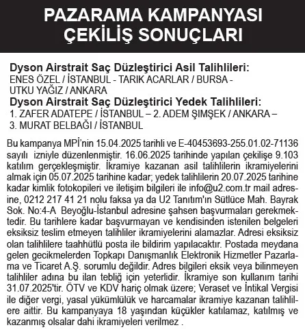 Pazarama Kampanyası çekiliş sonuçları. (Takvim Gazetesi)